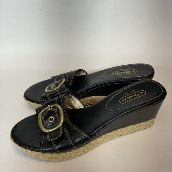 Coach Greer Black Leather Espadrille Wedge Sandals Women Size 11B - Picture 9 of 12